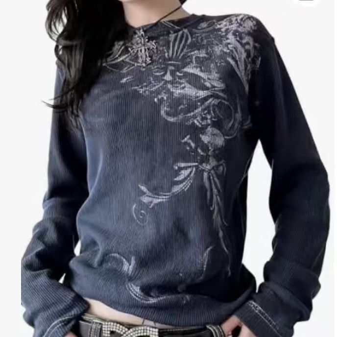 Retro Skull Print Slimming Round Neck Long-Sleeved T-Shirt