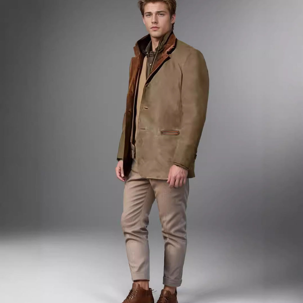 Men's Retro Color Block Stitching Casual Jacket Lapel Long Sleeve Outerwear
