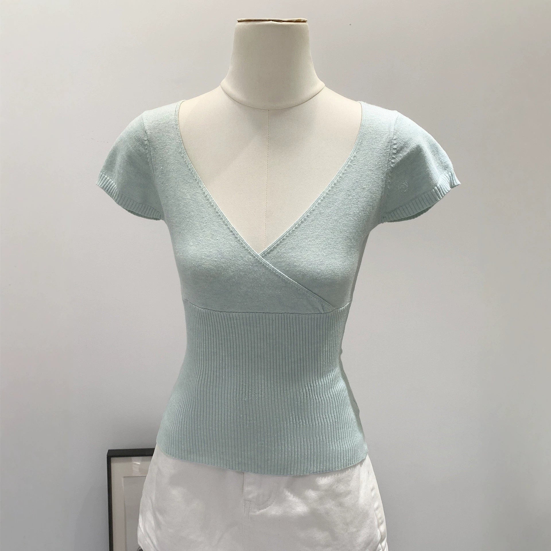 Womens Pure Cotton V-Neck Knitted T-Shirt