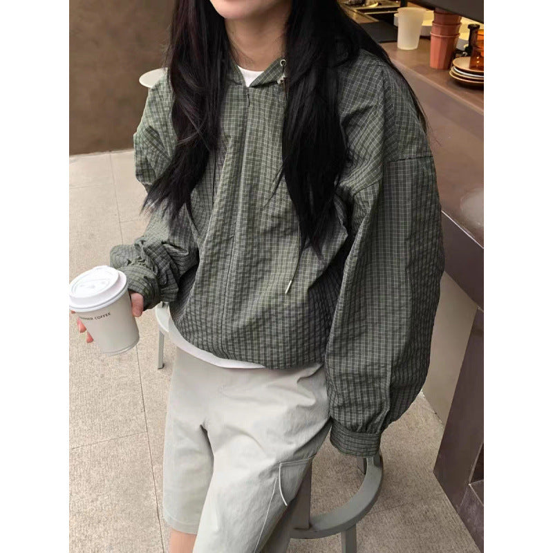 Vintage Plaid Long Sleeve Hooded Zip Crop Top Blouse
