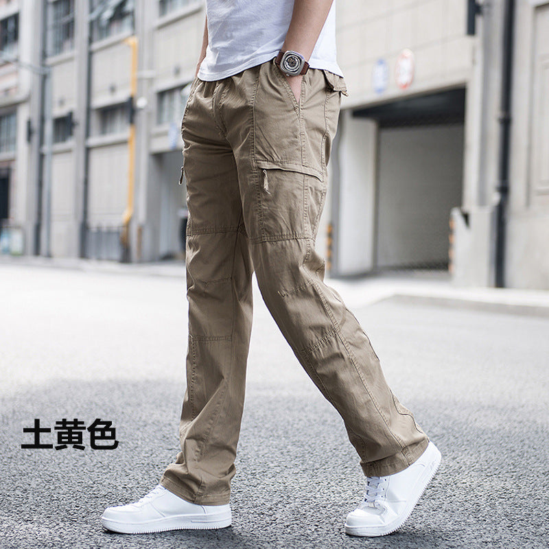 Men's Pure Cotton Loose-Fit Multi-Pocket Cargo Pants Breathable Straight Leg Casual Trousers