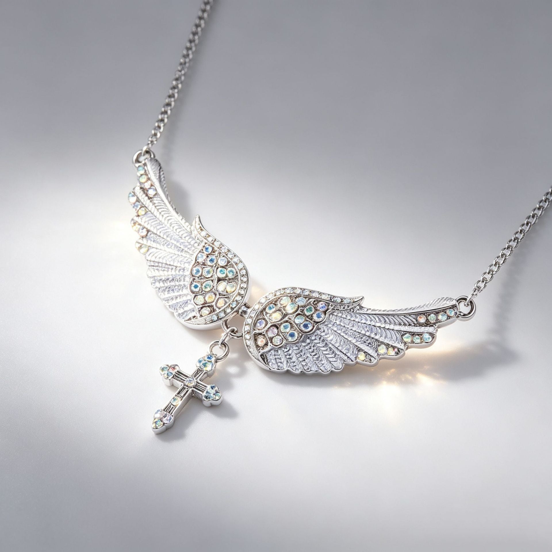 Angel Wings Cross Pendant Necklace Diamond Encrusted Clavicle Chain
