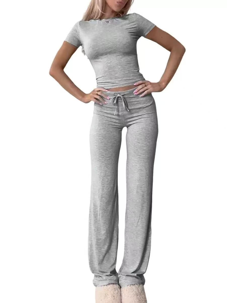 Women Solid Color Casual Long Pants and Short Sleeve Top Two Piece Set