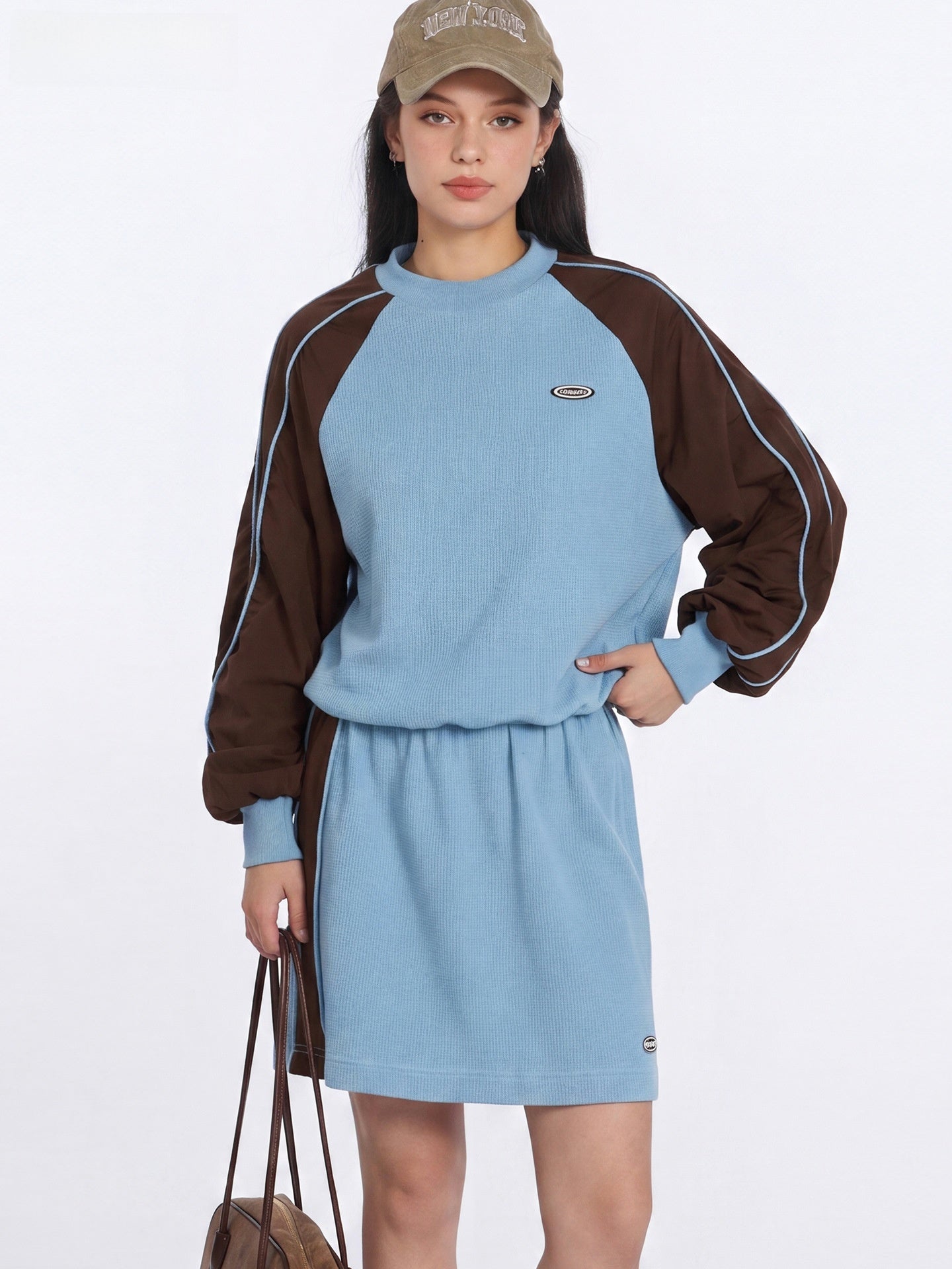 Women's Color-block Hooded Sweatshirt and Skirt Set
