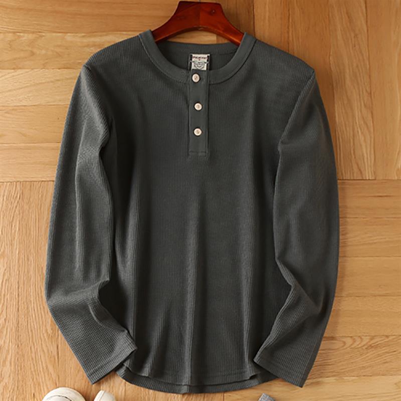 Men's Cotton Waffle Long Sleeve Henry V-Neck T-Shirt