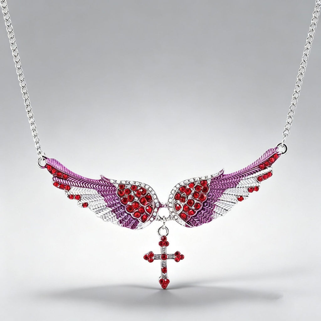 Angel Wings Cross Pendant Necklace Diamond Encrusted Clavicle Chain