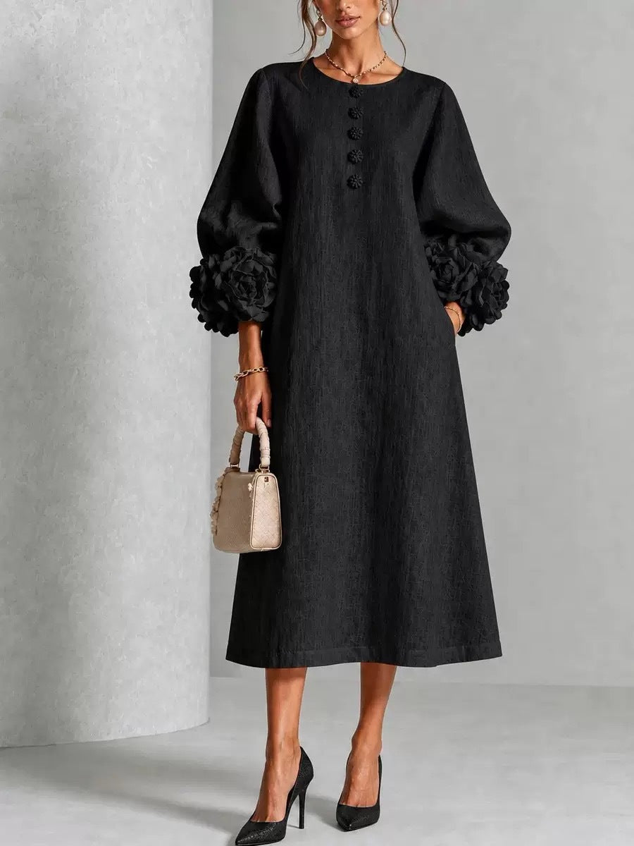 French-style three-dimensional flower lantern-style sleeve cotton and linen mid-length dress