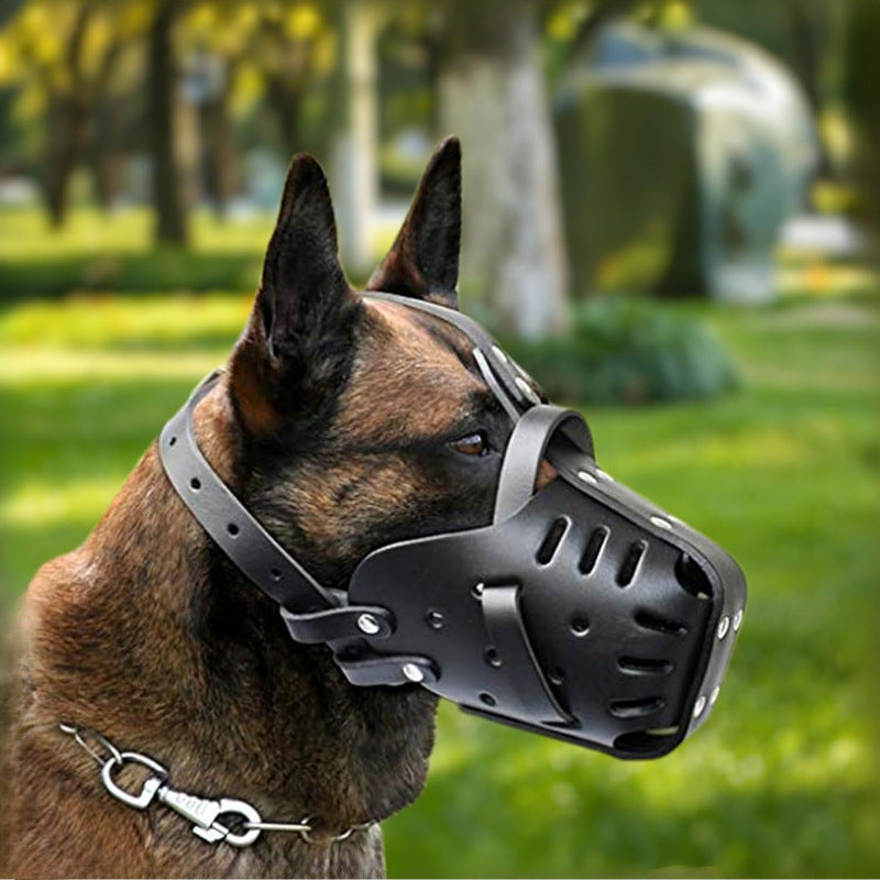 Dog muzzle, mouth guard to prevent biting, barking, and indiscriminate eating.
