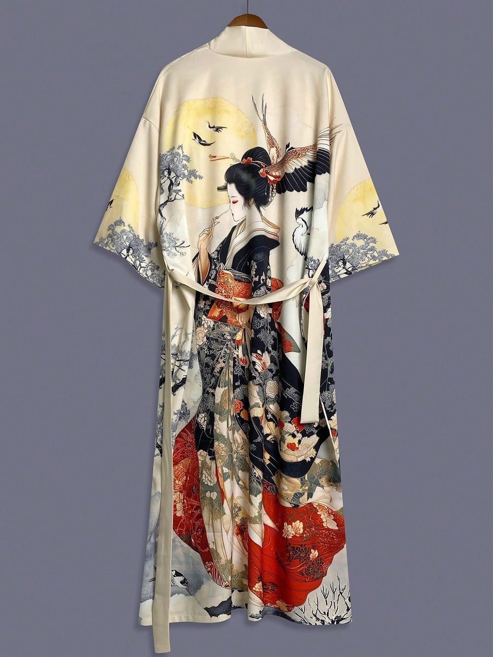 Japanese Retro Style Elegant Beauty Print Mid-Length Kimono Cardigan Thin Coat Unisex