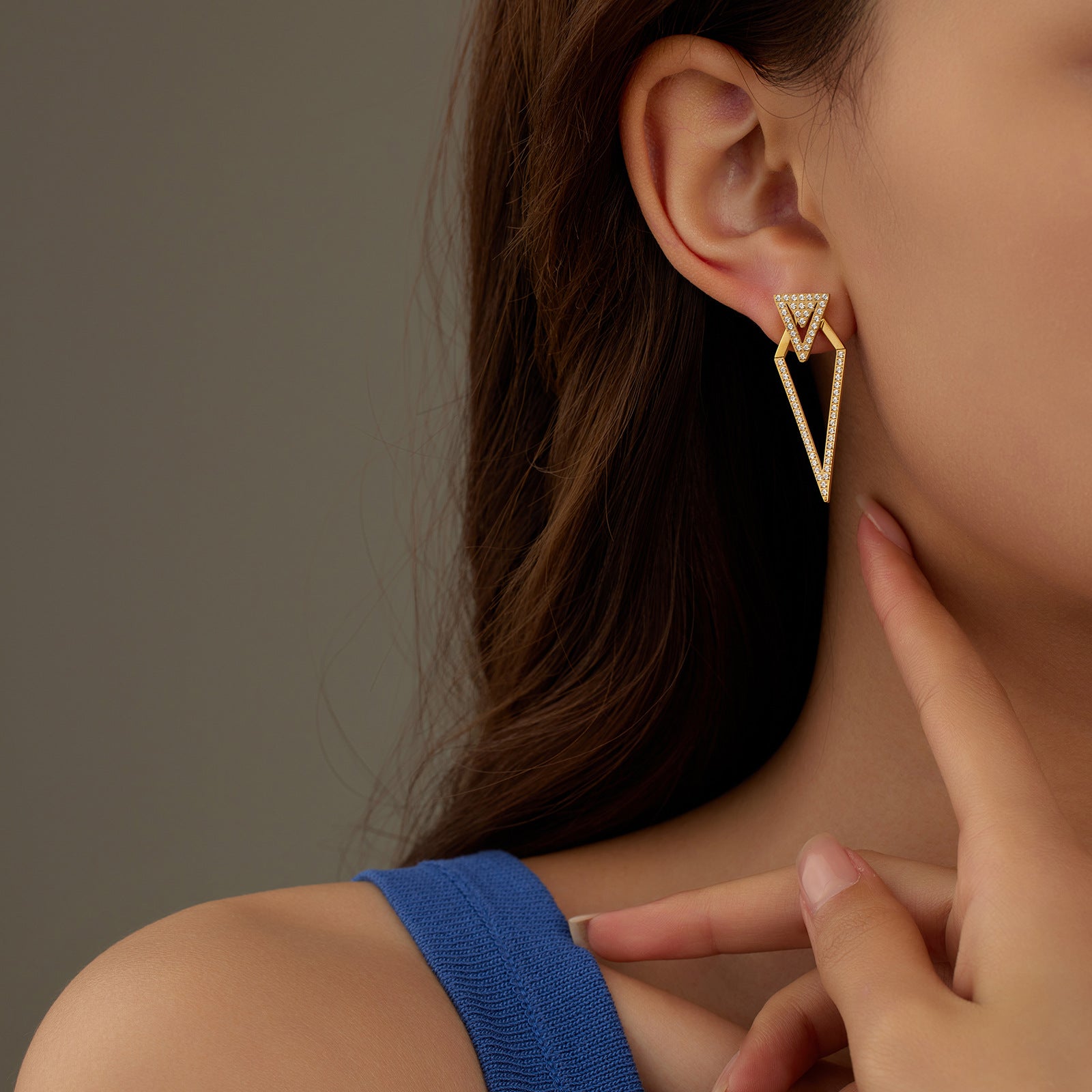 Double Triangle Stainless Steel Earrings with White Diamond