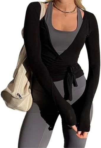 Women's Wrap Lace-Up Top Y2K Long Sleeve Ballet Workout Yoga Shirt