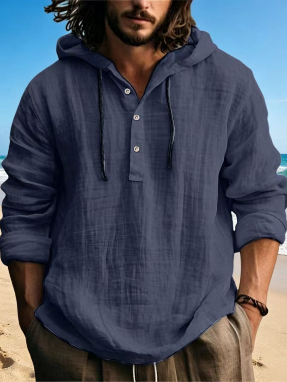 Mens Cotton Linen Hooded Sweatshirt