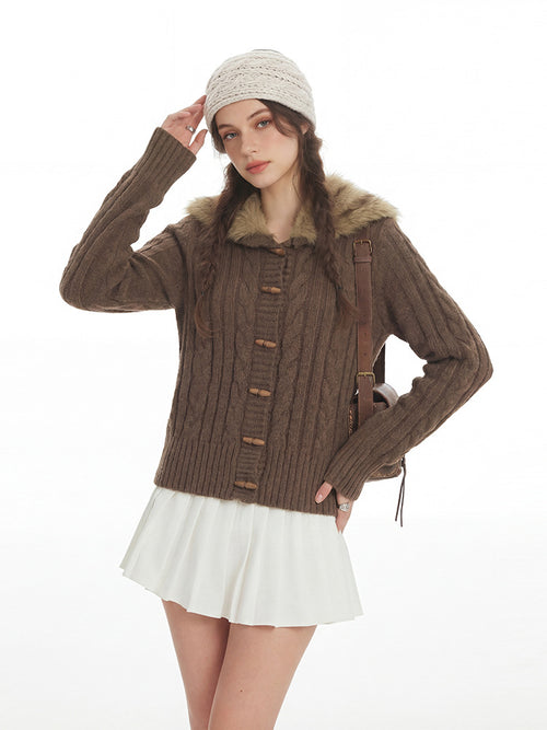 Womens Hooded Cardigan with Fur Collar