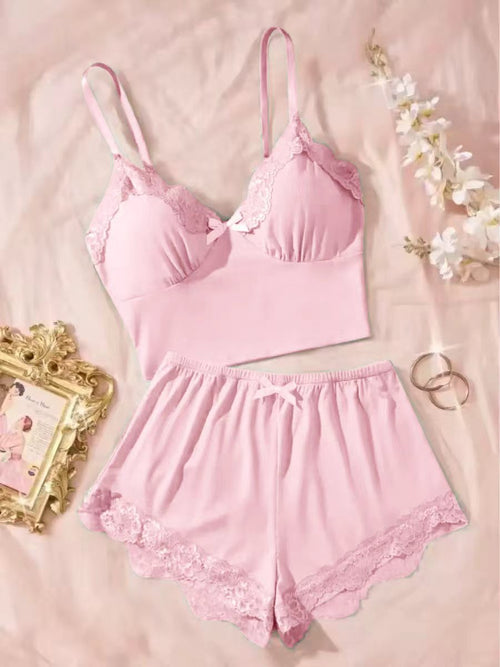 Cross-Border Home Pajamas Camisole Shorts Set Solid Color Patchwork with Chest Pads