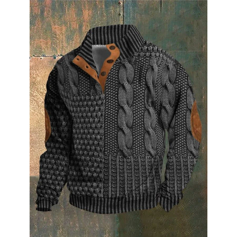 Mens Stand Collar Printed Polo Sweatshirt