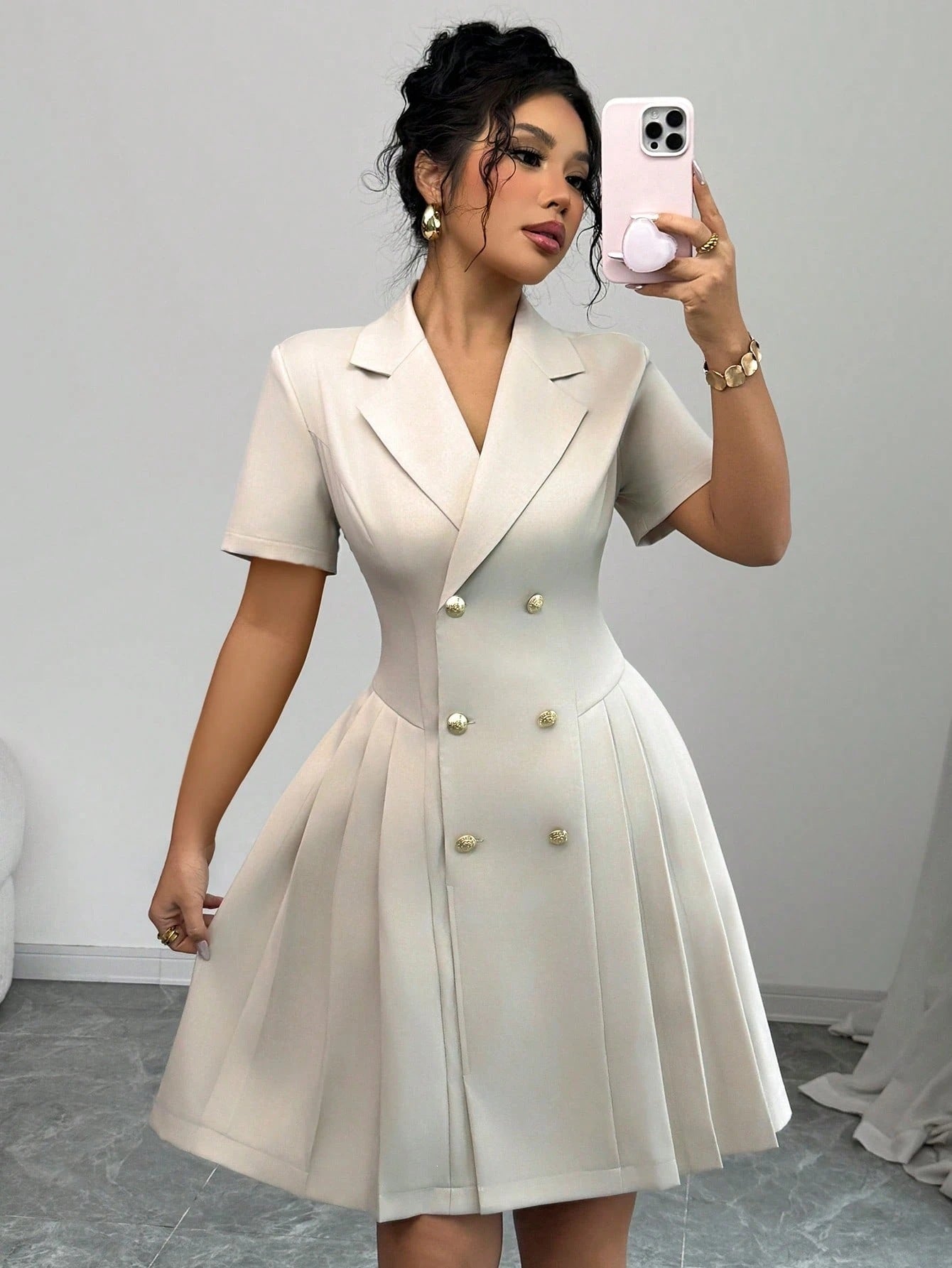 Women's New Solid Color Short Sleeve Waist-Cinching Double-Breasted Dress
