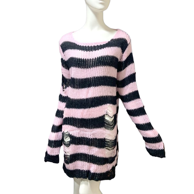 Striped Punk Distressed Long Knit Sweater ? Unisex Loose Fit Dark Style