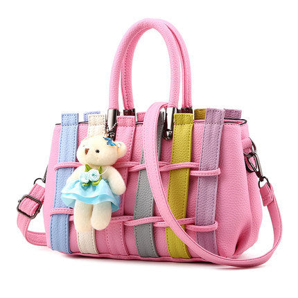 Woven Crossbody Bag with Bear Pendant