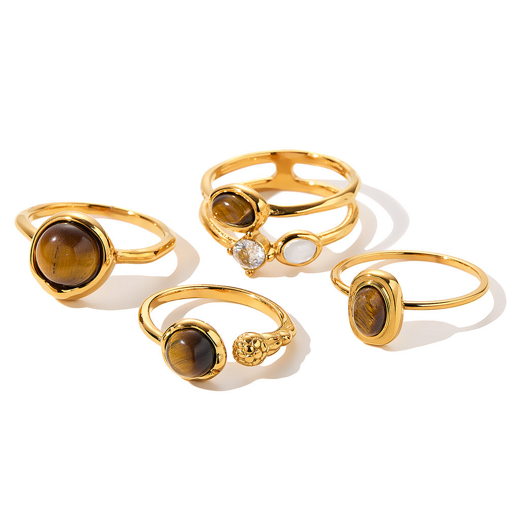 Tiger Eye Stone Stainless Steel Ring with Zircon Inlay for Women