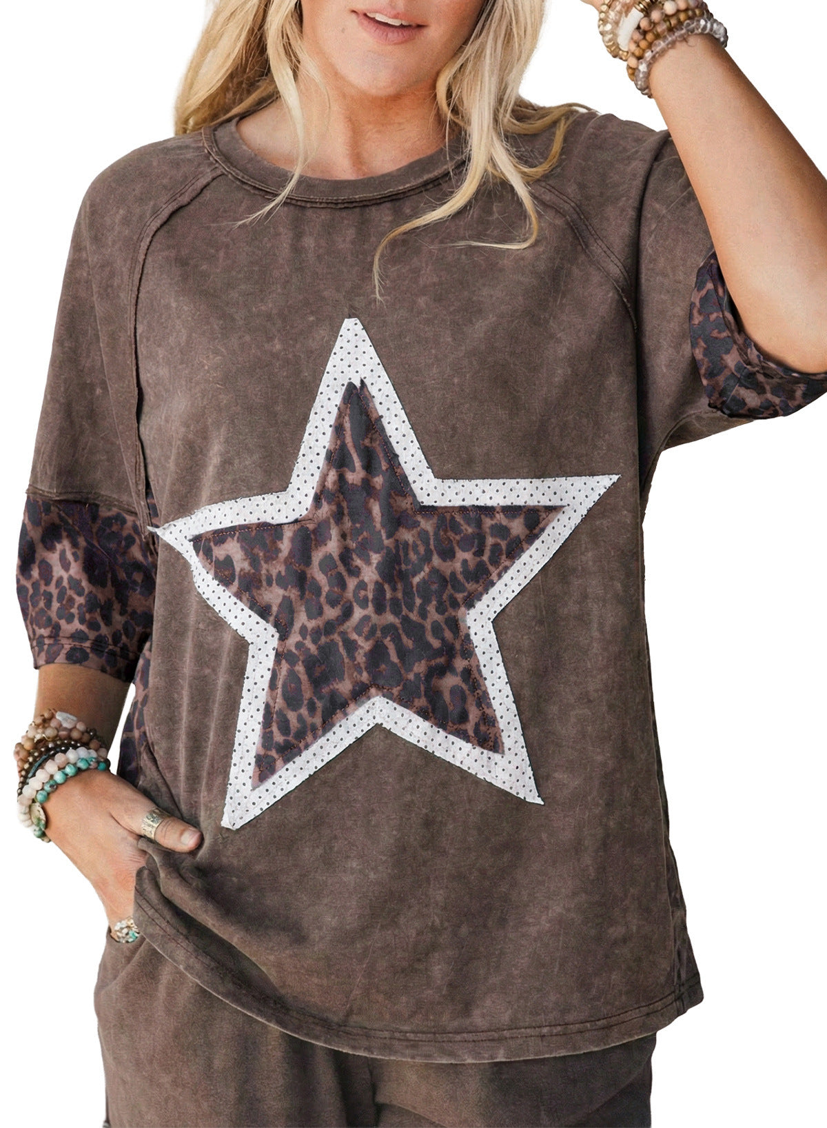 Five-pointed Star Leopard Print Old T-shirt