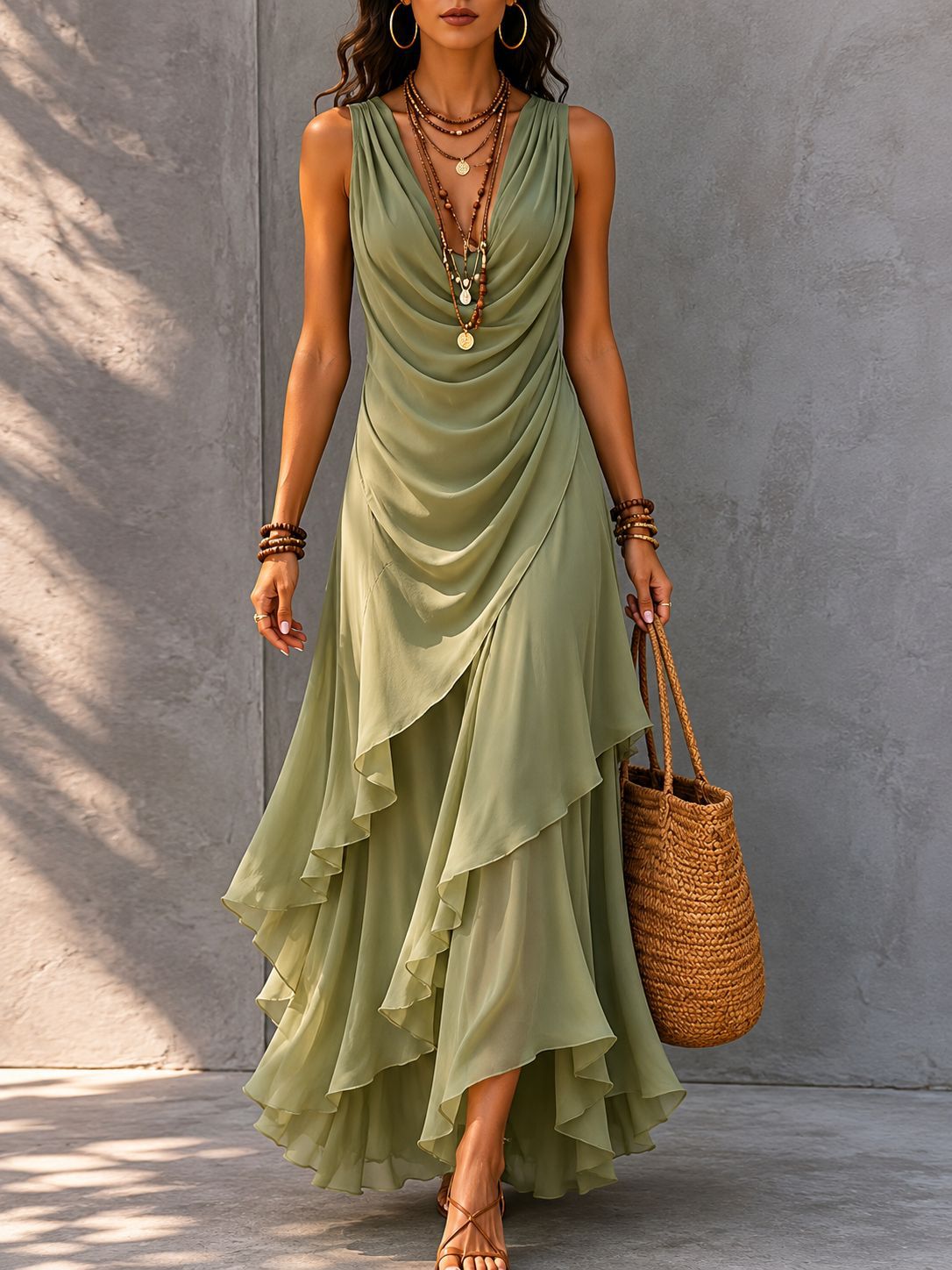 Sleeveless V-Neck Chiffon Dress with Ruffled Hem