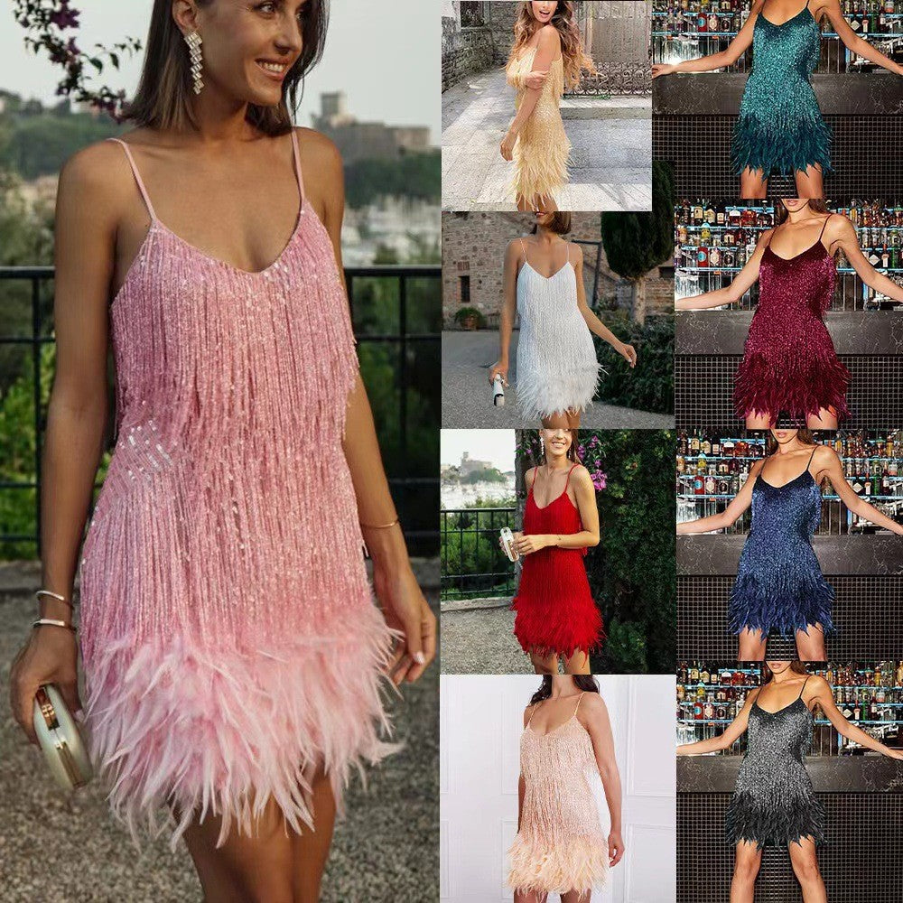 Tassel Sequins Feather Stitching Dress