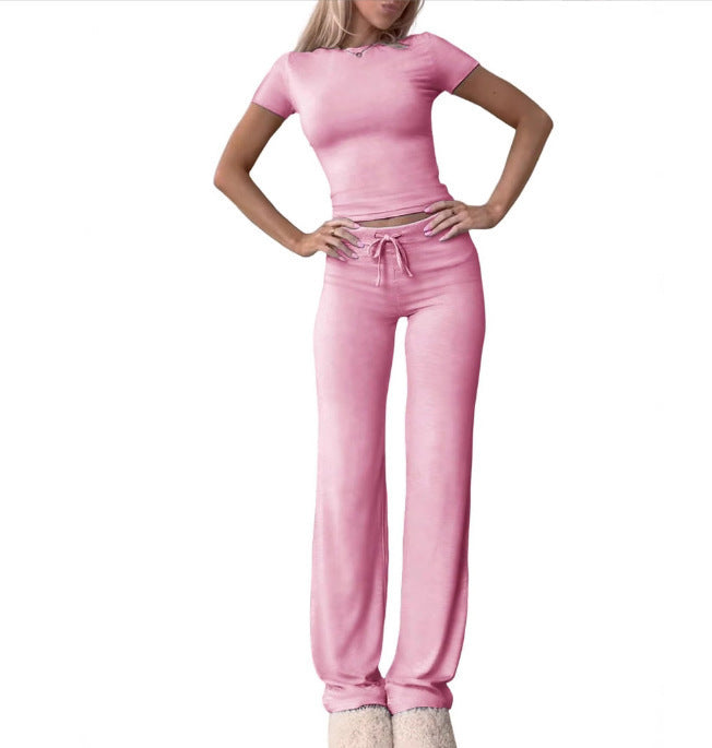 Women Solid Color Casual Long Pants and Short Sleeve Top Two Piece Set