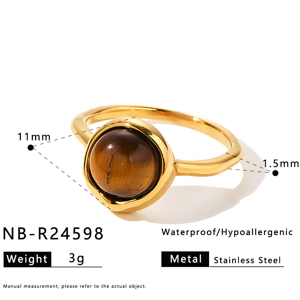 Tiger Eye Stone Stainless Steel Ring with Zircon Inlay for Women