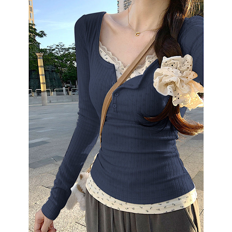 Womens French Style Lace Long Sleeve Top
