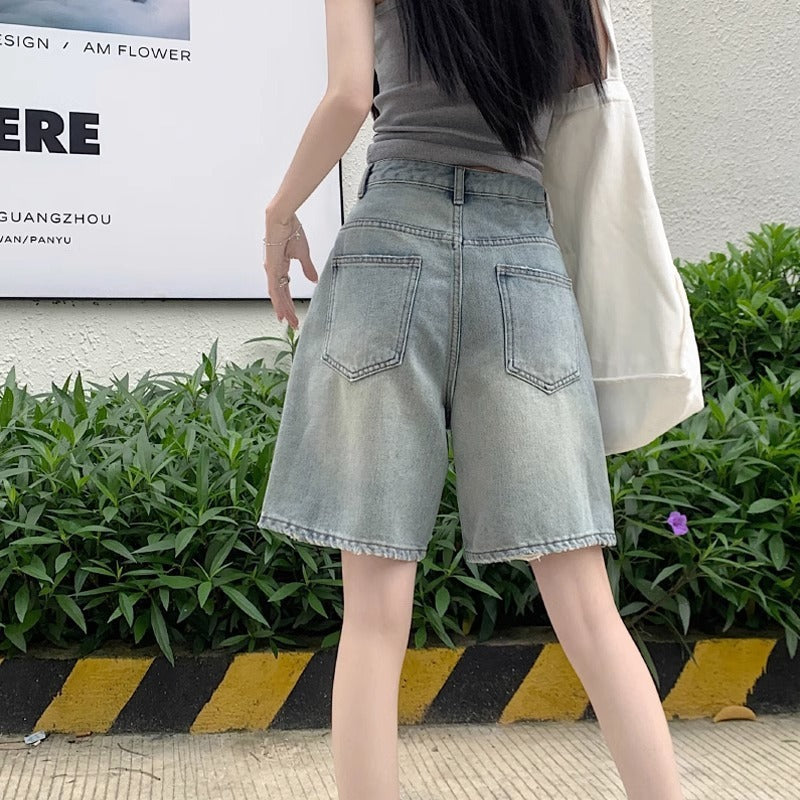 Women's loose washed high-waisted straight-leg denim shorts