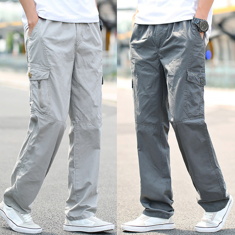 Men's Pure Cotton Loose-Fit Multi-Pocket Cargo Pants Breathable Straight Leg Casual Trousers