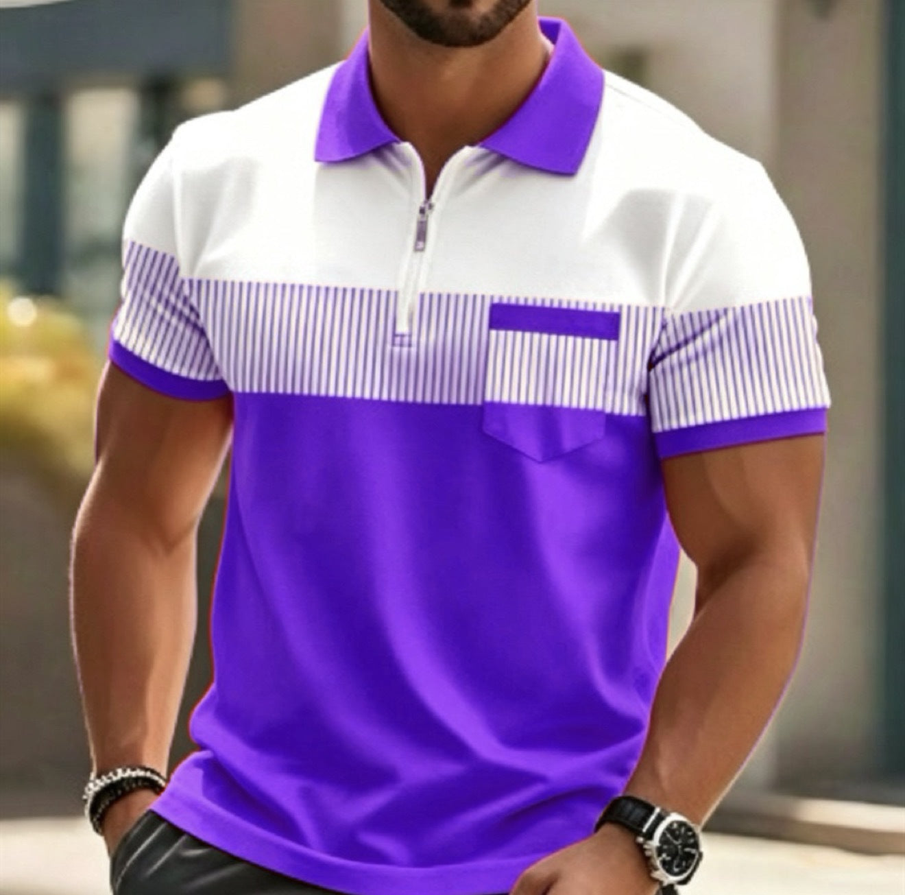 Men's 3D Digital Printing Zippered Collar Short Sleeve Shirt