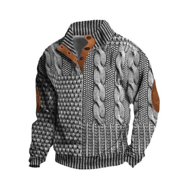 Mens Stand Collar Printed Polo Sweatshirt