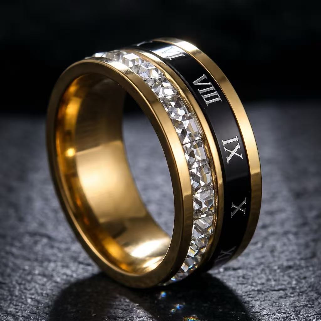 Stainless steel ring with diamonds, titanium steel ring