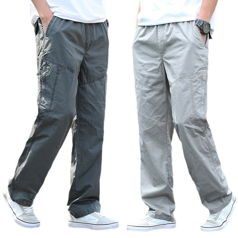 Men's Pure Cotton Loose-Fit Multi-Pocket Cargo Pants Breathable Straight Leg Casual Trousers