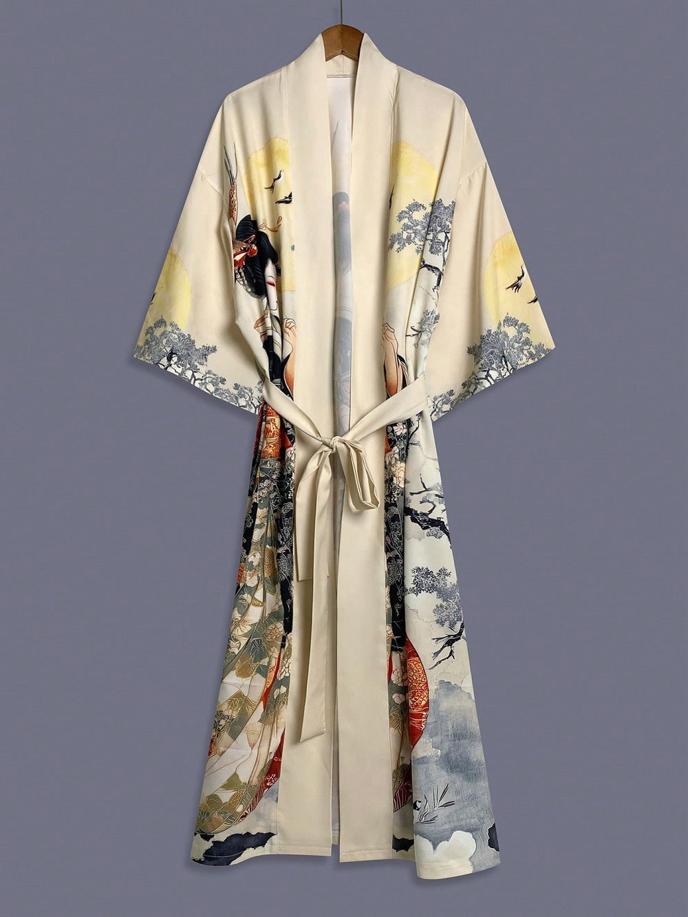 Japanese Retro Style Elegant Beauty Print Mid-Length Kimono Cardigan Thin Coat Unisex
