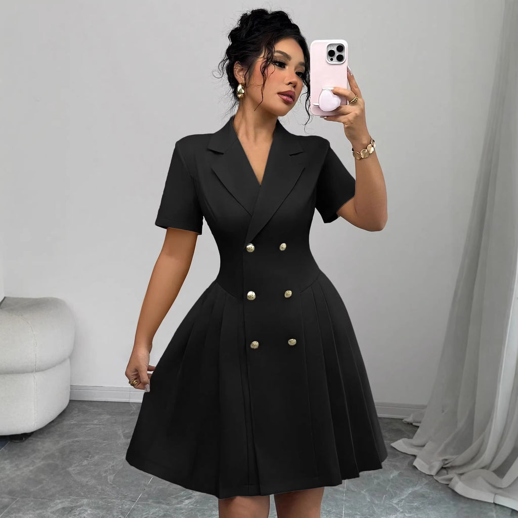 Women's New Solid Color Short Sleeve Waist-Cinching Double-Breasted Dress