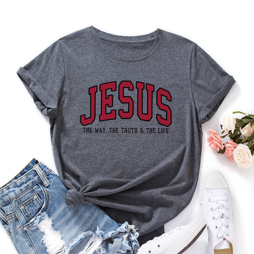 Jesus Letter Print Cotton Tshirt Loose Fit Short Sleeve Top