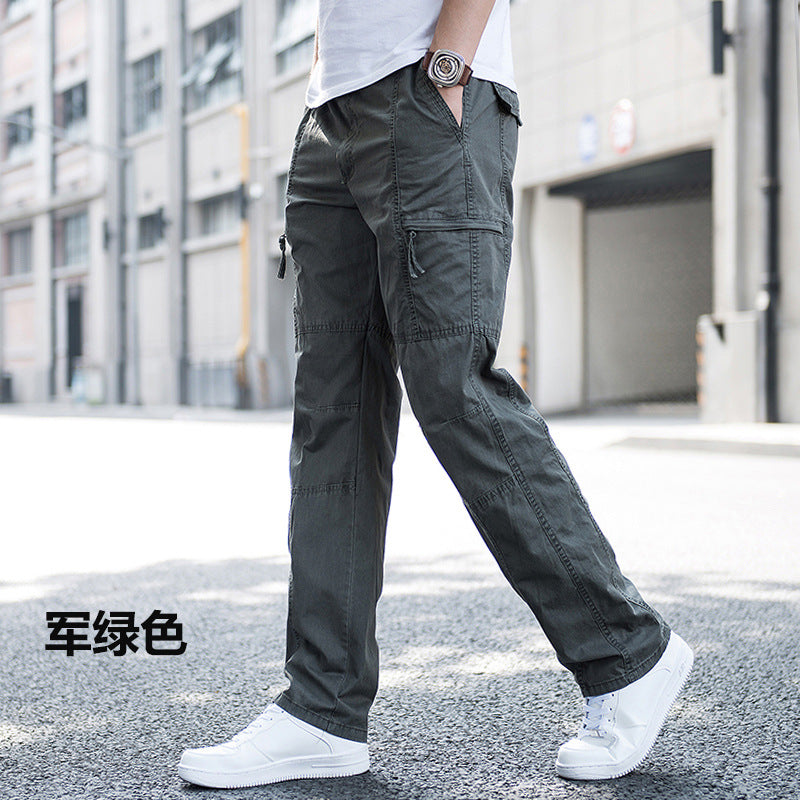 Men's Pure Cotton Loose-Fit Multi-Pocket Cargo Pants Breathable Straight Leg Casual Trousers