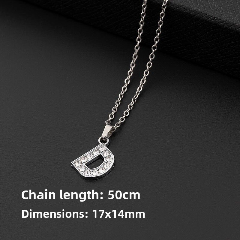 Stainless Steel Letter Pendant Necklace Diamond-Encrusted Women Jewelry