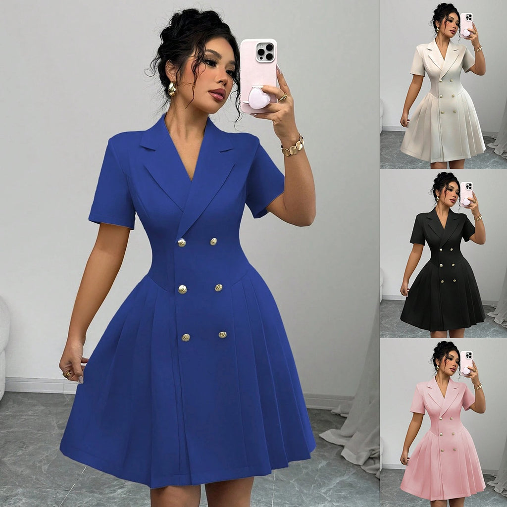 Women's New Solid Color Short Sleeve Waist-Cinching Double-Breasted Dress
