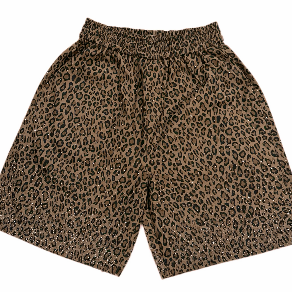 ?Sparkling Rhinestone Leopard Print Shorts, Summer Thin Style, Slimming Casual Five-Point Pants with Elastic Waist, Unisex?