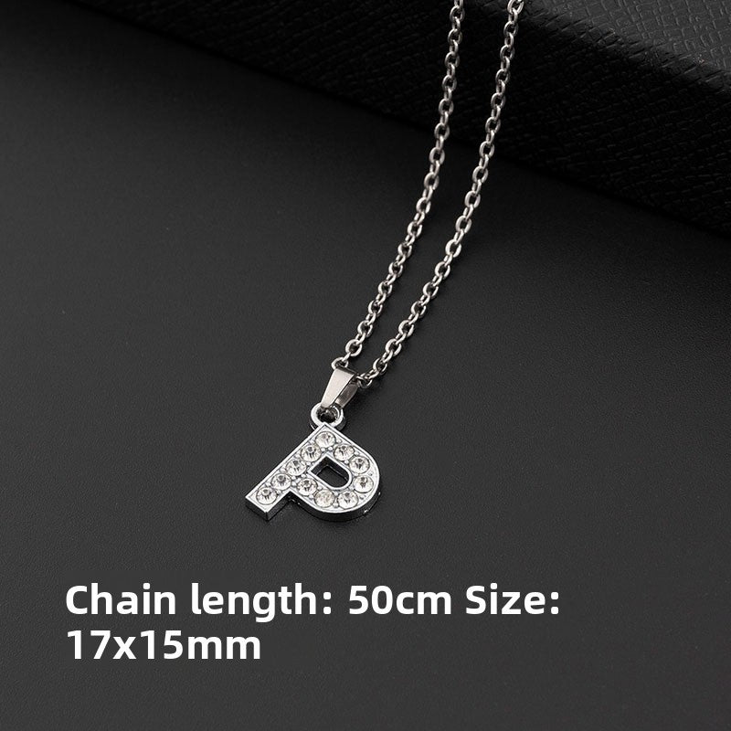 Stainless Steel Letter Pendant Necklace Diamond-Encrusted Women Jewelry