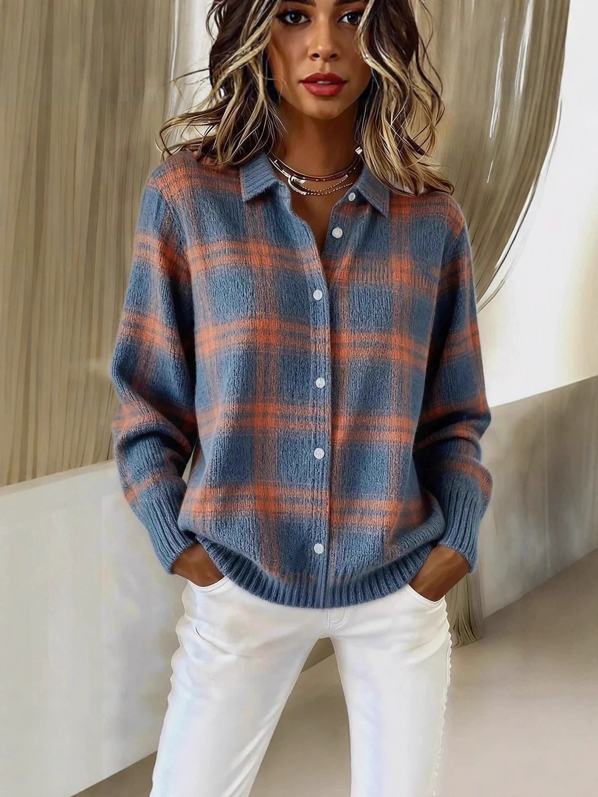 Womens Plaid Long Sleeve Cardigan