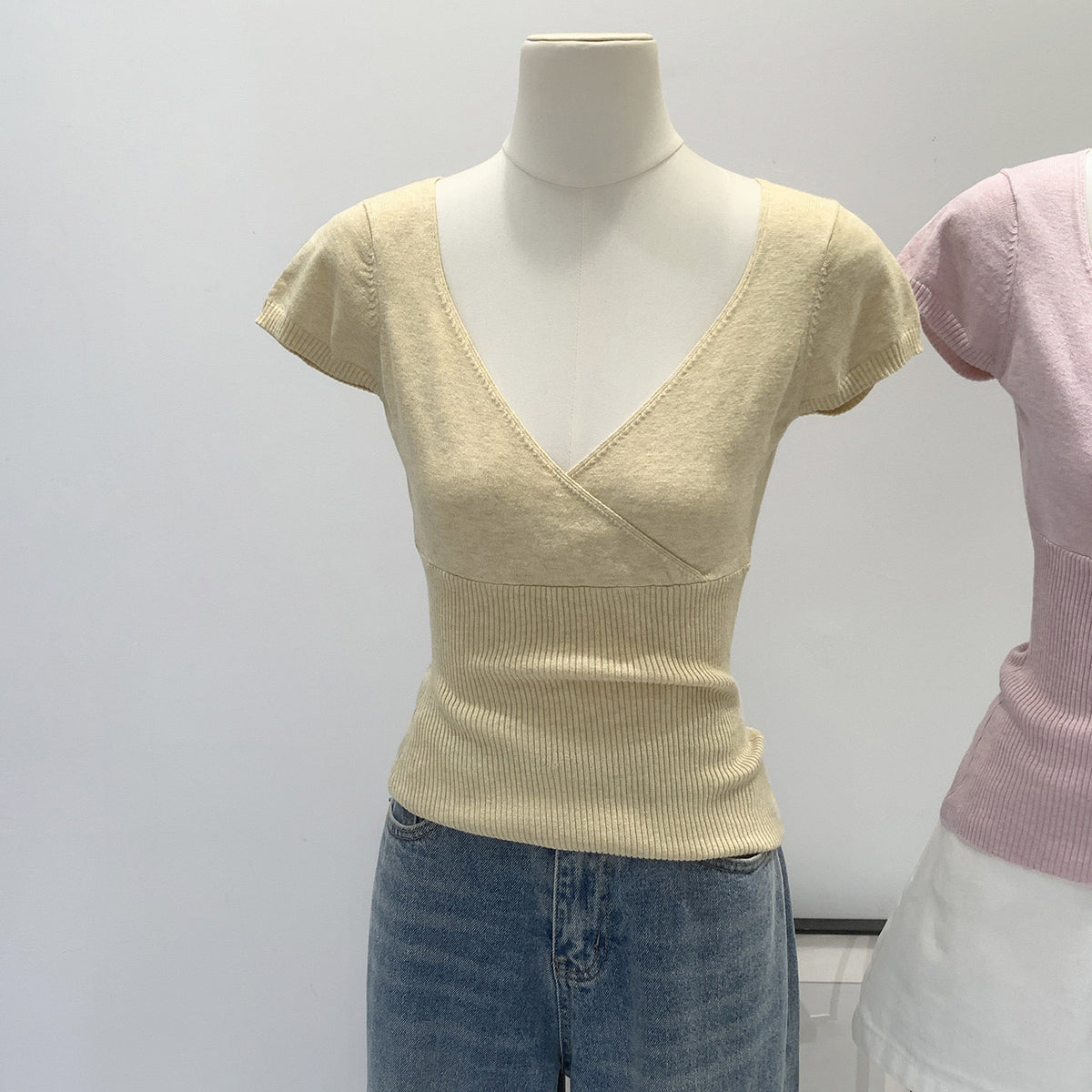 Womens Pure Cotton V-Neck Knitted T-Shirt