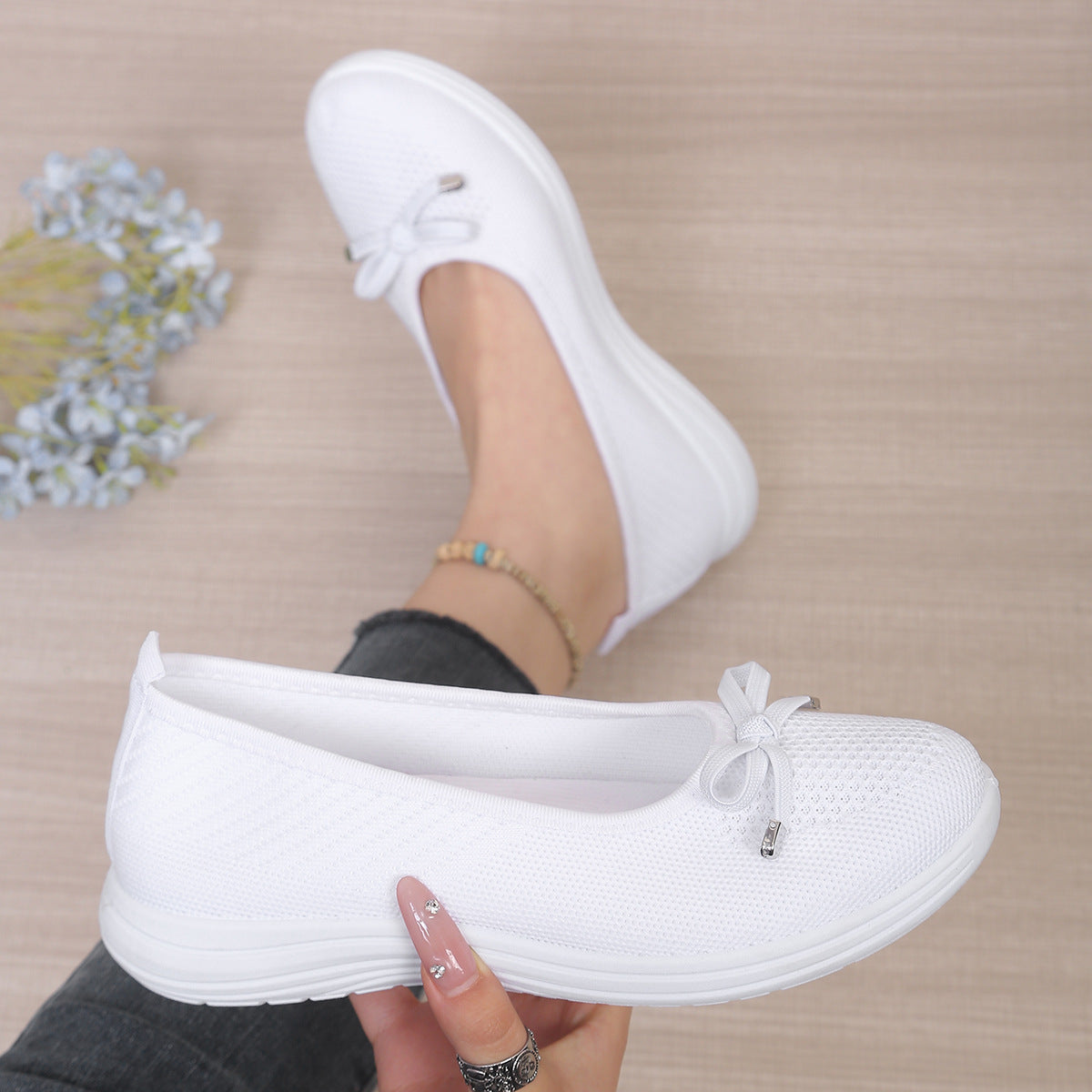 Womens Breathable Fly-Knit Bowknot Casual Walking Shoes