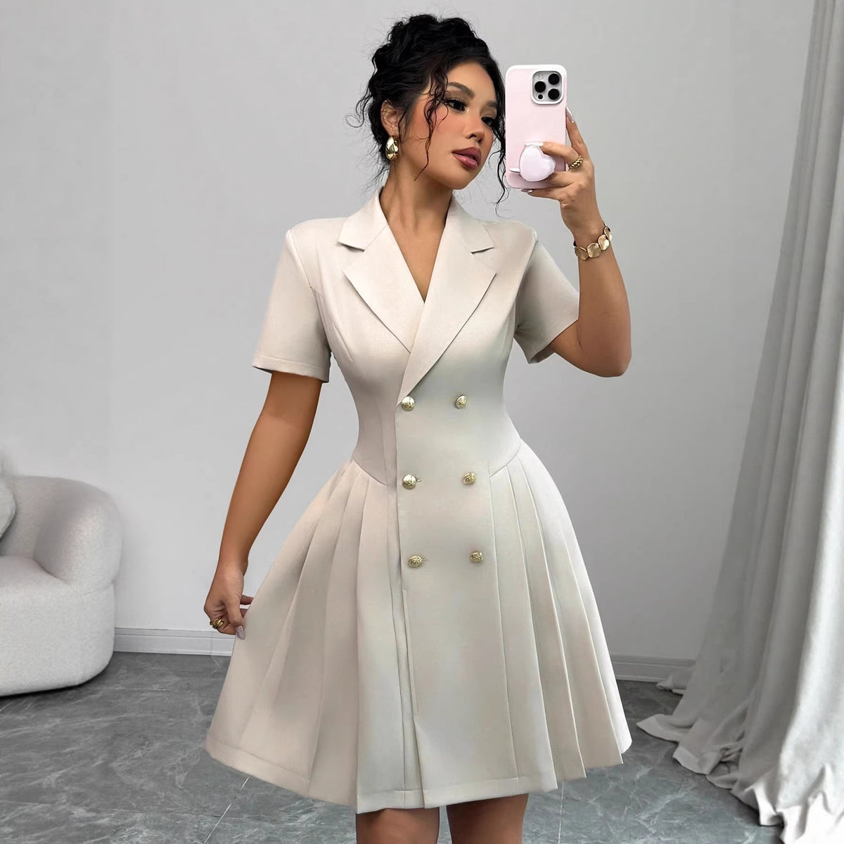 Women's New Solid Color Short Sleeve Waist-Cinching Double-Breasted Dress