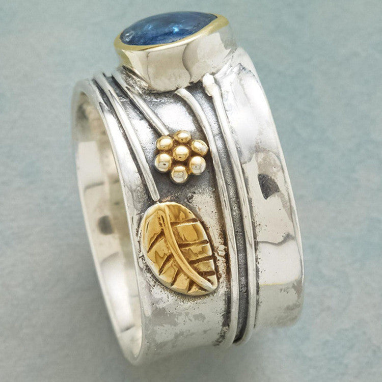 Ocean Blue Drop Leaf Flower Two-Tone Fashion Ring