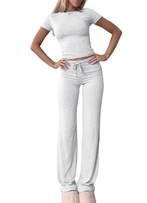 Women Solid Color Casual Long Pants and Short Sleeve Top Two Piece Set