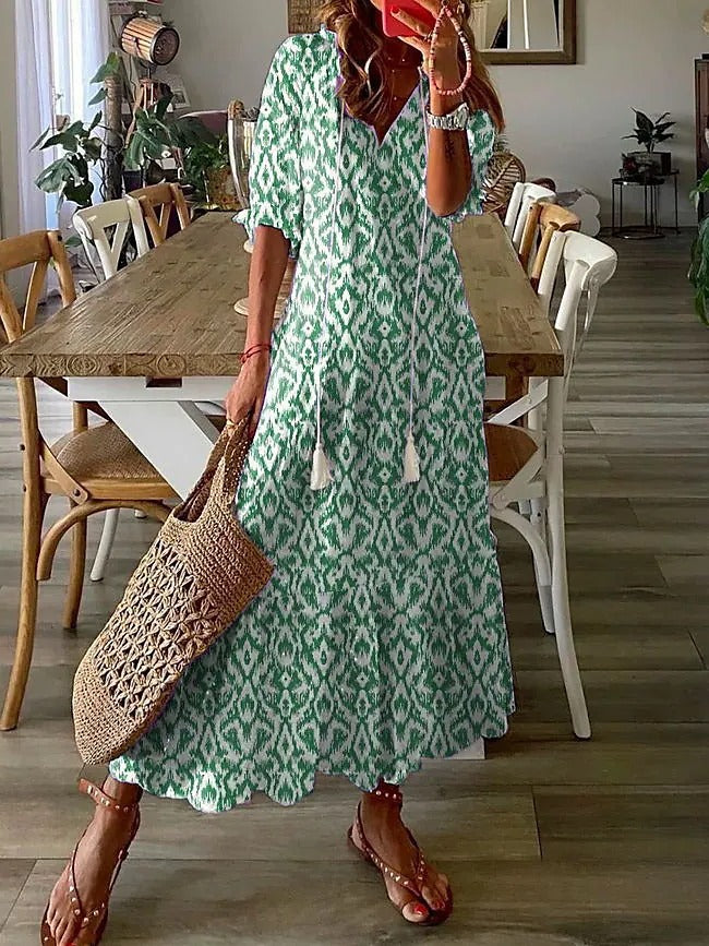 Womens V-Neck Printed Lantern Sleeve Dress